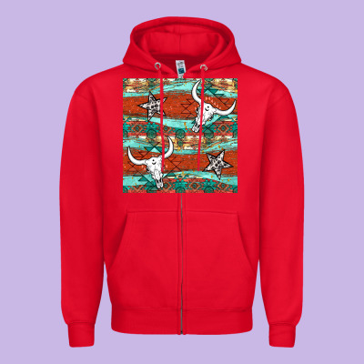 Western Aztec Bull Skull Stars Seamless Pattern Zipper Hoodie Designed By Bundleandbundleshop