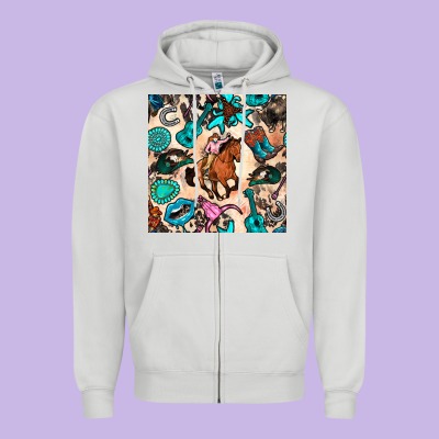 Western Cowgirl Seamless Pattern Zipper Hoodie Designed By Bundleandbundleshop