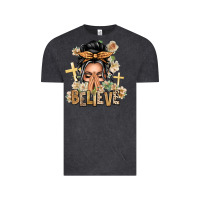 Vintage Black Gray Hair Believe Praying Caucasian Messy Bun Vintage Tee - texasbilliewilder