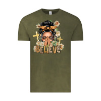 Vintage Olive Gray Hair Believe Praying Caucasian Messy Bun Vintage Tee - texasbilliewilder