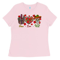 Bubblegum Pink Peace Love Dia De Los Muertos Ladies Tee - BundleAndBundleShop