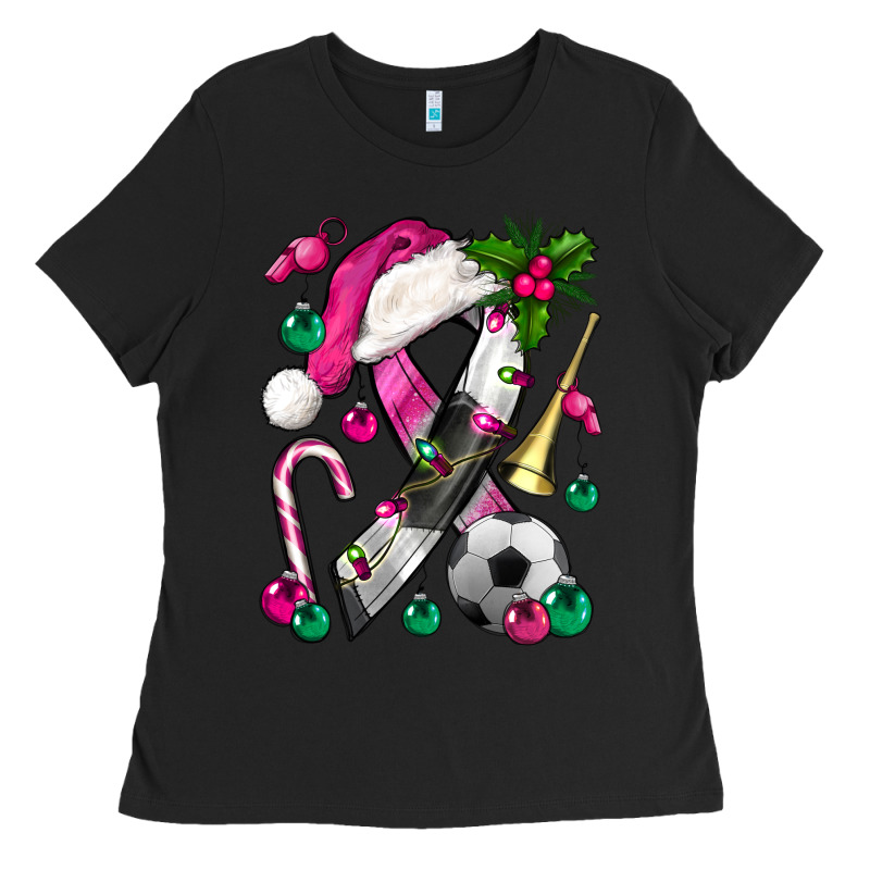 Pink Christmas Breast Cancer Ribbon Soccer Ladies Tee by BundleAndBundleShop | Teevron