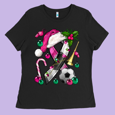 Pink Christmas Breast Cancer Ribbon Soccer Ladies Tee Designed By Bundleandbundleshop