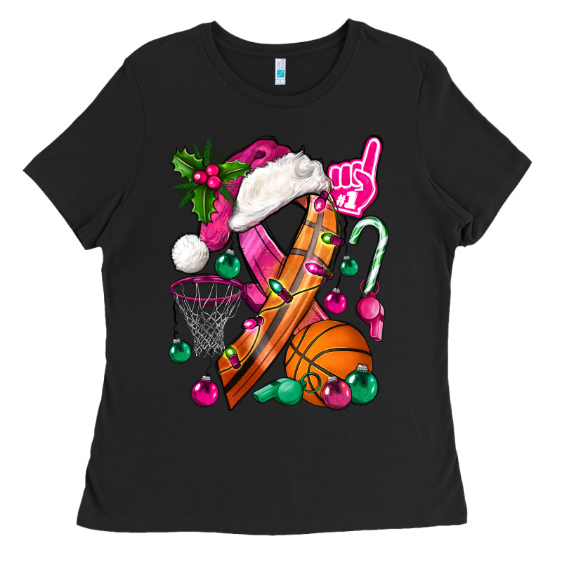 Pink Christmas Breast Cancer Ribbon Basketball Ladies Tee by BundleAndBundleShop | Teevron