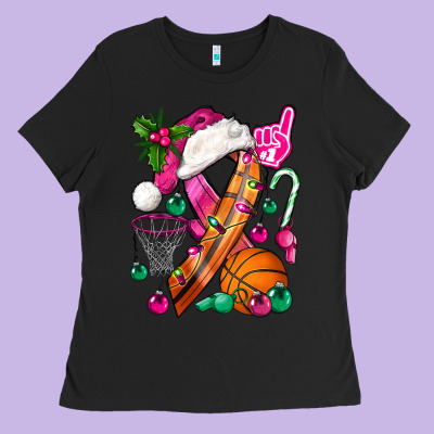 Pink Christmas Breast Cancer Ribbon Basketball Ladies Tee Designed By Bundleandbundleshop