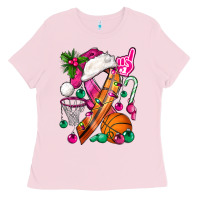 Bubblegum Pink Pink Christmas Breast Cancer Ribbon Basketball Ladies Tee - BundleAndBundleShop