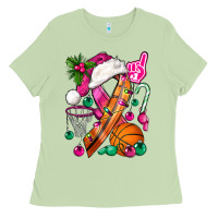 Matcha Pink Christmas Breast Cancer Ribbon Basketball Ladies Tee - BundleAndBundleShop