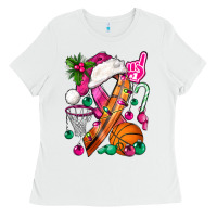 White Pink Christmas Breast Cancer Ribbon Basketball Ladies Tee - BundleAndBundleShop