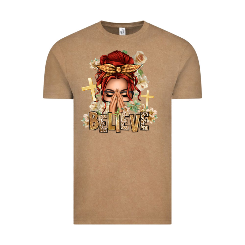 Red Hair Believe Praying Caucasian Messy Bun Vintage Tee by texasbilliewilder | Teevron