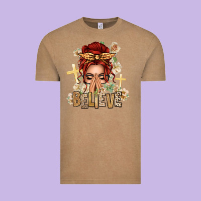 Red Hair Believe Praying Caucasian Messy Bun Vintage Tee Designed By Texasbilliewilder