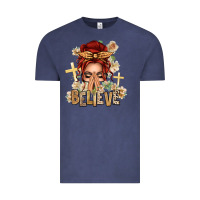 Vintage Denim Red Hair Believe Praying Caucasian Messy Bun Vintage Tee - texasbilliewilder