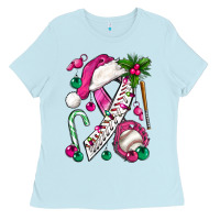 Baby Blue Pink Christmas Breast Cancer Ribbon Baseball Ladies Tee - BundleAndBundleShop