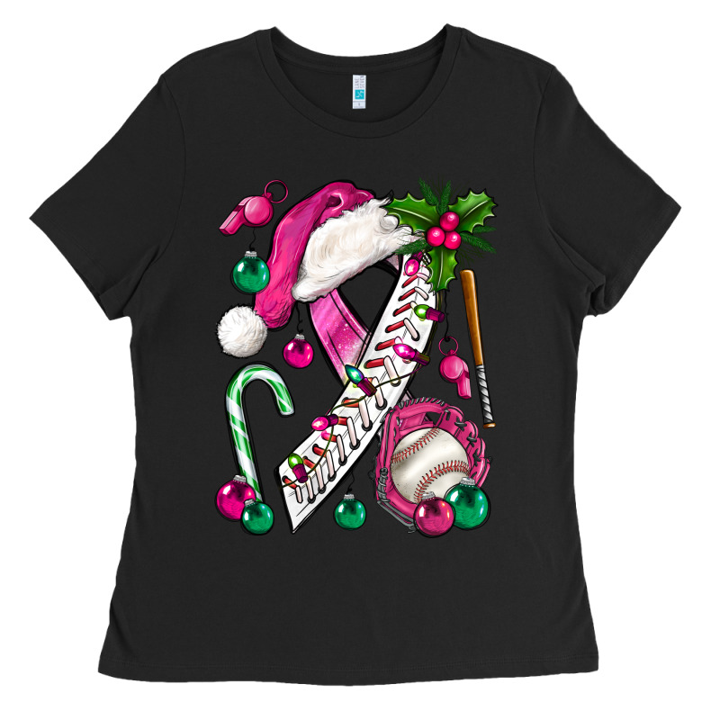 Pink Christmas Breast Cancer Ribbon Baseball Ladies Tee by BundleAndBundleShop | Teevron