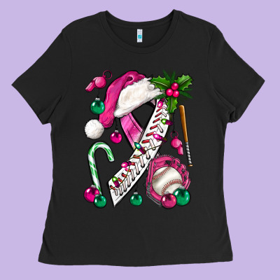 Pink Christmas Breast Cancer Ribbon Baseball Ladies Tee Designed By Bundleandbundleshop