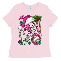 Bubblegum Pink Pink Christmas Breast Cancer Ribbon Baseball Ladies Tee - BundleAndBundleShop