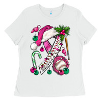 White Pink Christmas Breast Cancer Ribbon Baseball Ladies Tee - BundleAndBundleShop