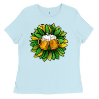 Baby Blue St. Patricks Sunflower With Beer Ladies Tee - BundleAndBundleShop