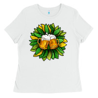 White St. Patricks Sunflower With Beer Ladies Tee - BundleAndBundleShop