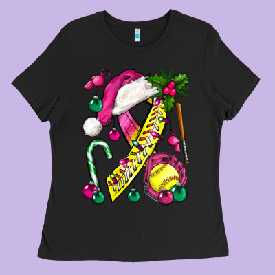 Pink Christmas Breast Cancer Ribbon Softball Ladies Tee Designed By Bundleandbundleshop
