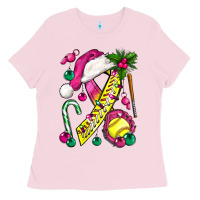 Bubblegum Pink Pink Christmas Breast Cancer Ribbon Softball Ladies Tee - BundleAndBundleShop