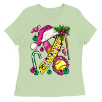 Matcha Pink Christmas Breast Cancer Ribbon Softball Ladies Tee - BundleAndBundleShop