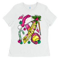 White Pink Christmas Breast Cancer Ribbon Softball Ladies Tee - BundleAndBundleShop