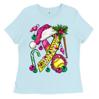 Baby Blue Pink Christmas Breast Cancer Ribbon Softball Ladies Tee - BundleAndBundleShop