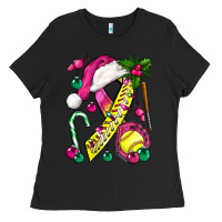 Pink Christmas Breast Cancer Ribbon Softball Ladies Tee | Teevron