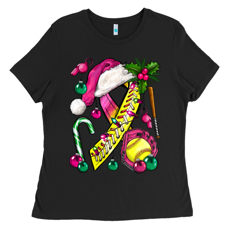 Pink Christmas Breast Cancer Ribbon Softball Ladies Tee by BundleAndBundleShop | Teevron