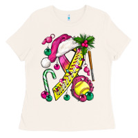 Bone Pink Christmas Breast Cancer Ribbon Softball Ladies Tee - BundleAndBundleShop