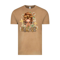 Vintage Camel Blonde Hair Believe Praying Caucasian Messy Bun Vintage Tee - texasbilliewilder
