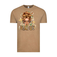 Vintage Coffee Blonde Hair Believe Praying Caucasian Messy Bun Vintage Tee - texasbilliewilder
