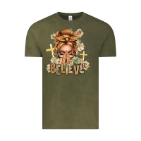 Vintage Olive Blonde Hair Believe Praying Caucasian Messy Bun Vintage Tee - texasbilliewilder