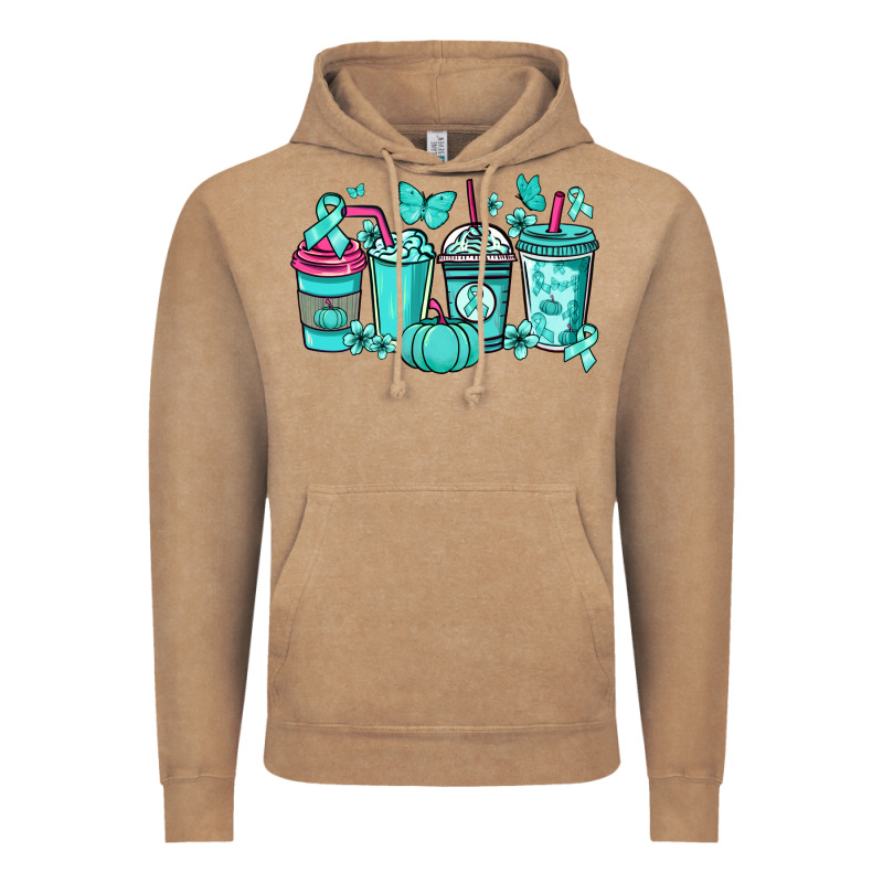 Ovarian Cancer Coffee Cups Teal Ribbon Vintage Hoodie by NancyCooperArtShop | Teevron