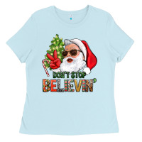 Baby Blue Don't Stop Believing Santa Ladies Tee - BundleAndBundleShop