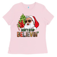 Bubblegum Pink Don't Stop Believing Santa Ladies Tee - BundleAndBundleShop