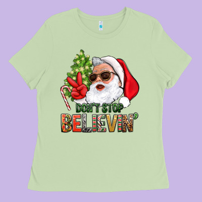 Don't Stop Believing Santa Ladies Tee Designed By Bundleandbundleshop