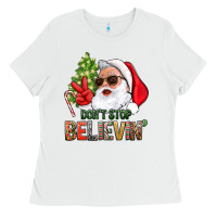 White Don't Stop Believing Santa Ladies Tee - BundleAndBundleShop