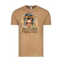 Vintage Camel Silver White Believe Praying Caucasian Messy Bun Vintage Tee - texasbilliewilder