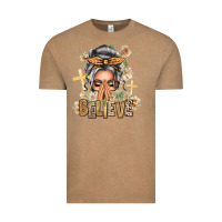 Vintage Coffee Silver White Believe Praying Caucasian Messy Bun Vintage Tee - texasbilliewilder