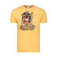Vintage Mustard Silver White Believe Praying Caucasian Messy Bun Vintage Tee - texasbilliewilder