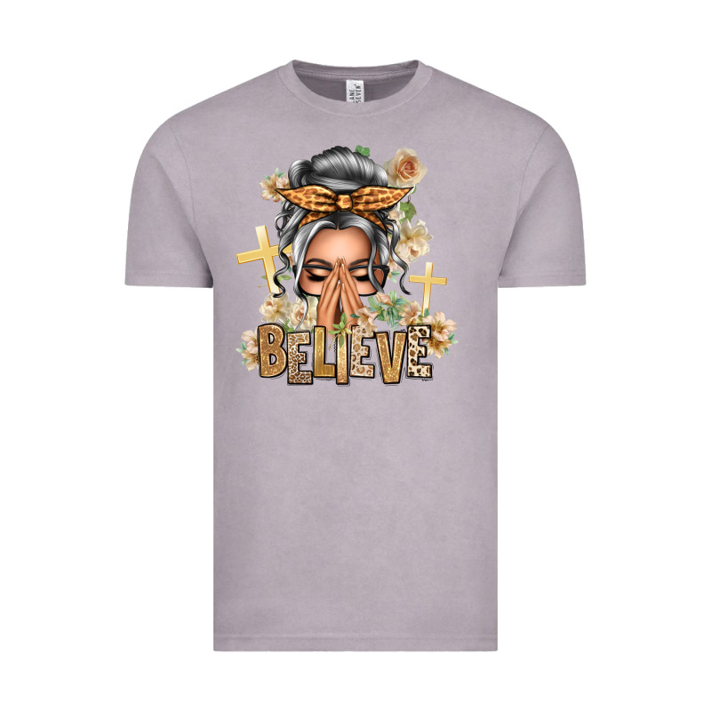 Silver White Believe Praying Caucasian Messy Bun Vintage Tee by texasbilliewilder | Teevron