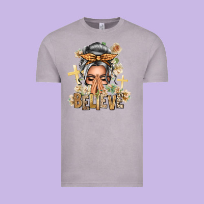 Silver White Believe Praying Caucasian Messy Bun Vintage Tee Designed By Texasbilliewilder