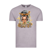 Vintage Zinc Silver White Believe Praying Caucasian Messy Bun Vintage Tee - texasbilliewilder