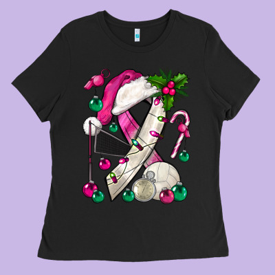 Pink Christmas Breast Cancer Ribbon Volleyball Ladies Tee Designed By Bundleandbundleshop