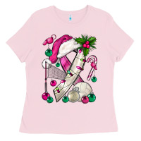 Bubblegum Pink Pink Christmas Breast Cancer Ribbon Volleyball Ladies Tee - BundleAndBundleShop