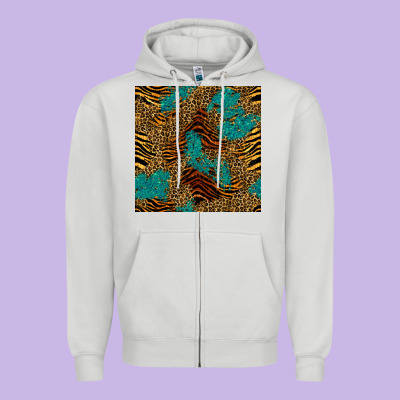 Tiger Leopard Turquoise Glitter Seamless Pattern Zipper Hoodie Designed By Bundleandbundleshop