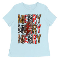 Baby Blue Merry Merry Merry Christmas Lightning Bolt Ladies Tee - BundleAndBundleShop