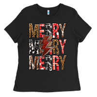 Black Merry Merry Merry Christmas Lightning Bolt Ladies Tee - BundleAndBundleShop