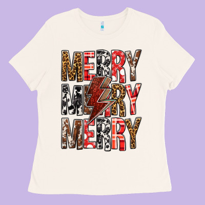 Merry Merry Merry Christmas Lightning Bolt Ladies Tee Designed By Bundleandbundleshop